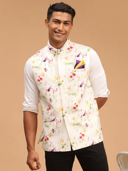 Men's Cream Base Multi Printed Cotton Blend Nehru Jacket